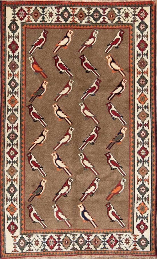 Hand knotted Persian Shiraz wool area rug with sparrows in beige color. Size 4.5x7.