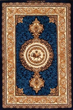 Hand knotted Persian Qum pure silk rug in royal blue and gold colors with lion and sun symbol.