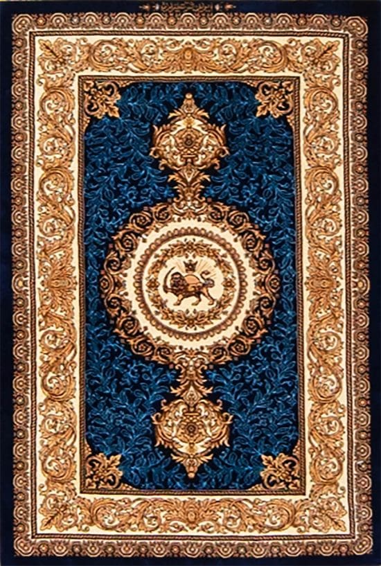 Hand knotted Persian Qum pure silk rug in royal blue and gold colors with lion and sun symbol.