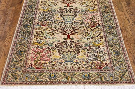 Handmade Persian Tabriz tree of life wool rug with birds and animals in beige color. Size 3.6x5.