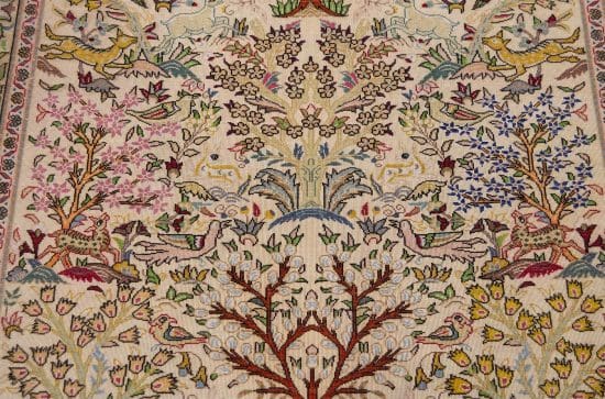 Handmade Persian Tabriz tree of life wool rug with birds and animals in beige color. Size 3.6x5.