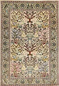 Ranges of 1x2 to 3x5 rugs, handmade Persian Tabriz tree of life wool rug with birds and animals.