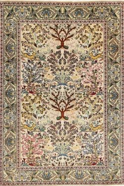 Handmade Persian Tabriz tree of life wool rug with birds and animals in beige color. Size 3.6x5.