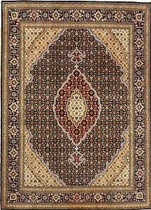 2715- A classic style handmade Persian Tabriz wool area rug in black and burgundy. Size 5x6.6.