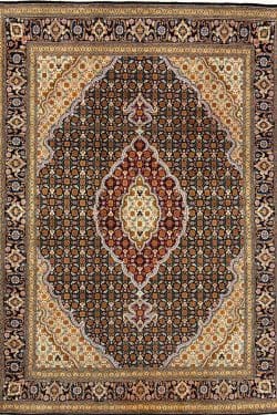 Handmade 5x6 Persian Tabriz area rug in black and burgundy.