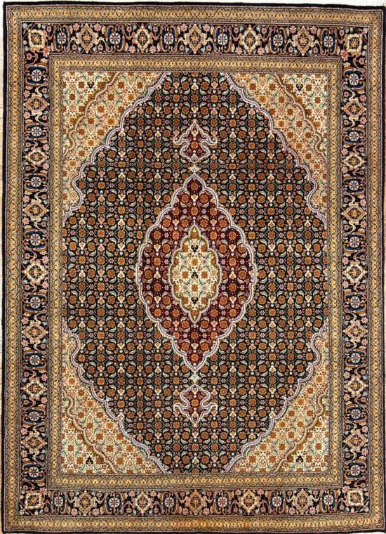 Handmade 5x6 Persian Tabriz area rug in black and burgundy.