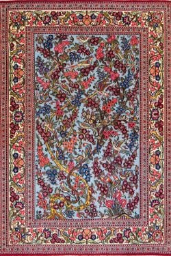 A colorful hand knotted Persian Qum wool area rug with birds and tree of life design. Size 3.7x5.2.