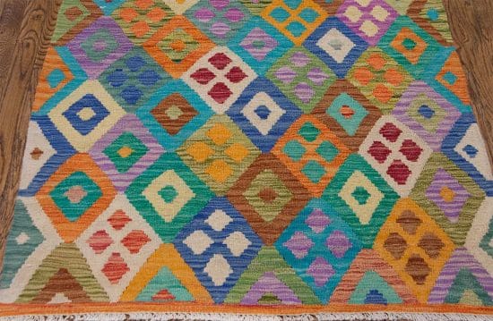 Flat Weave Rug, Handmade Wool Kilim Rug, multicolor geometric style kilim. Size 3.5x4.8.