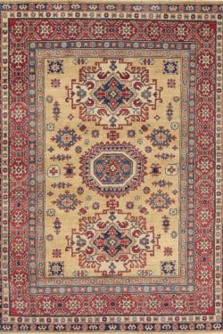 Handmade oriental rug Kazak style with Caucasian motifs in chartreuse color. Rug size 4.10x6.10.