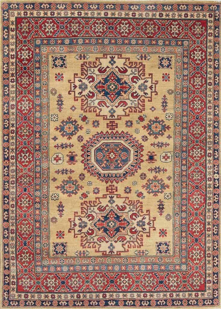 3182- Handmade oriental rug chartreuse color made in Pakistan, Kazak style rug with Caucasian motifs. Rug size 4.10x6.10. 3182- Handmade oriental rug chartreuse color made in Pakistan, Kazak style rug with Caucasian motifs. Rug size 4.10x6.10.