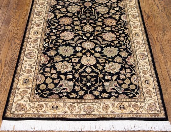 Natural fiber rug, handmade floral Kashan design oriental rug made of wool in black color. Rug size 3.1x5.2.