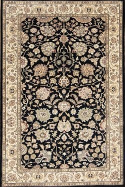 Natural fiber rug, handmade floral Kashan design oriental rug made of wool in black color. Rug size 3.1x5.2.