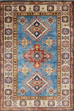 Handmade geometric style Kazak area rug in blue color. Size 3x4.5.