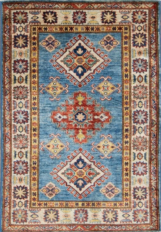 Handmade geometric style Kazak area rug in blue color. Size 3x4.5.