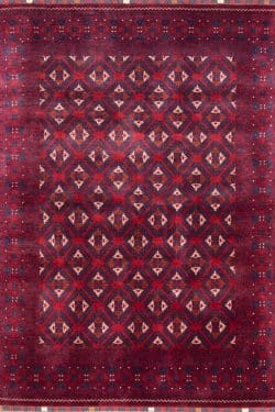 Hand knotted tribal Afghan Turkmen rug in red and navy-blue colors. Rug size 4.10x6.7.