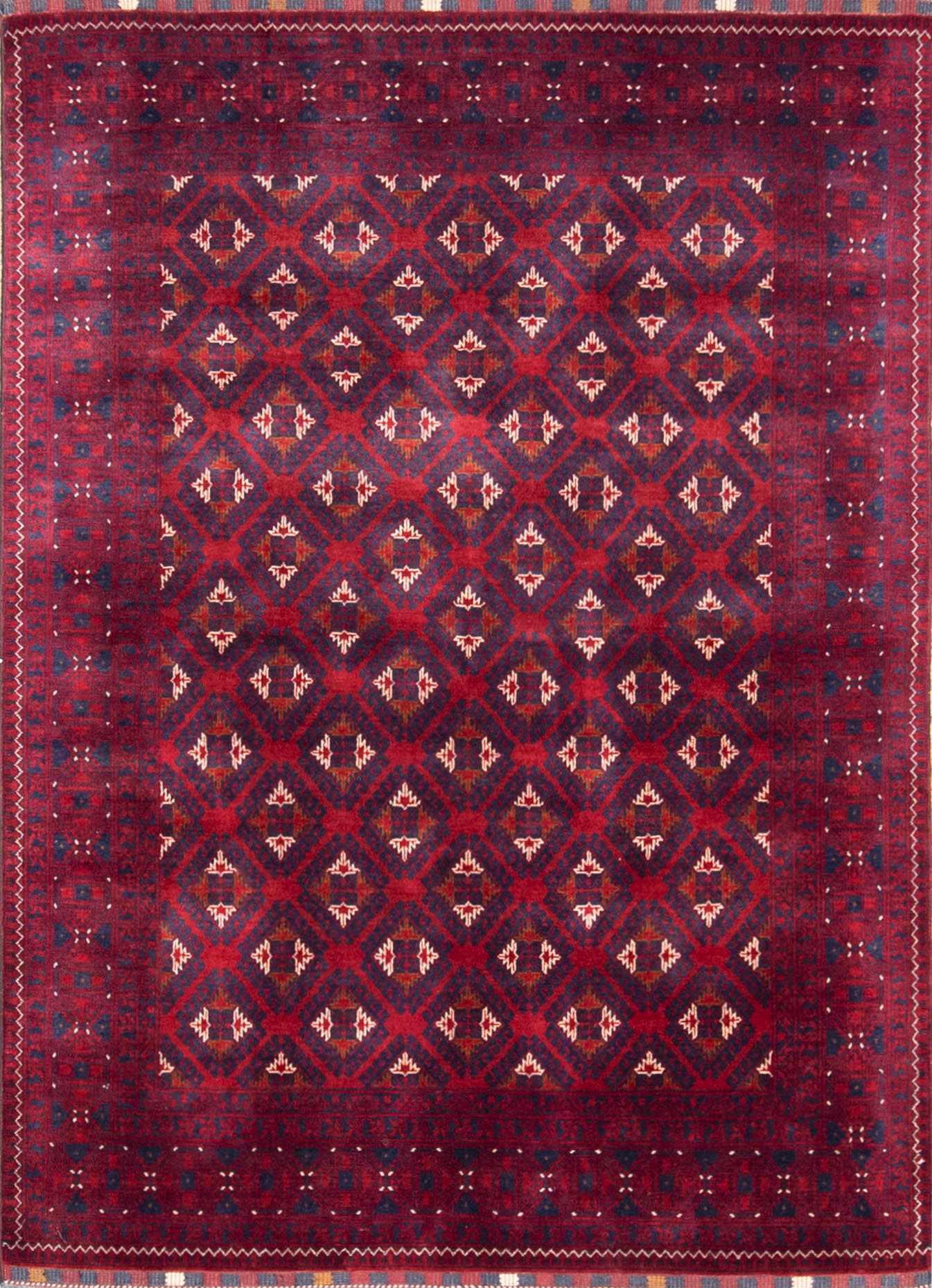 Hand knotted tribal Afghan Turkmen rug in red and navy-blue colors. Rug size 4.10x6.7.