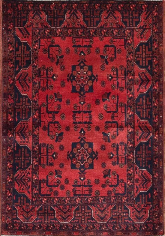 Handmade tribal area rug from Afghanistan with red and black colors. Rug size 3.6x5.1.