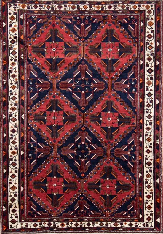 Geometric Persian carpet. Hand knotted Persian Shiraz carpet in red and navy blue colors. Rug size 4.10x7.9.