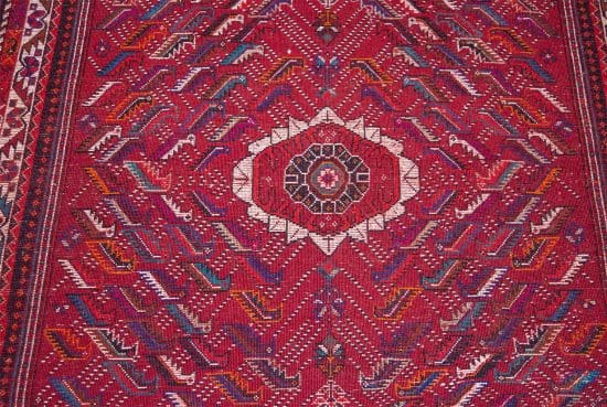 Handmade traditional area rug, Persian Shiraz wool area rug in red color. Size 4.7x6.7.