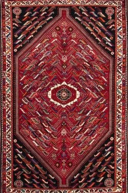 Handmade traditional area rug, Persian Shiraz wool area rug in red color. Size 4.7x6.7.