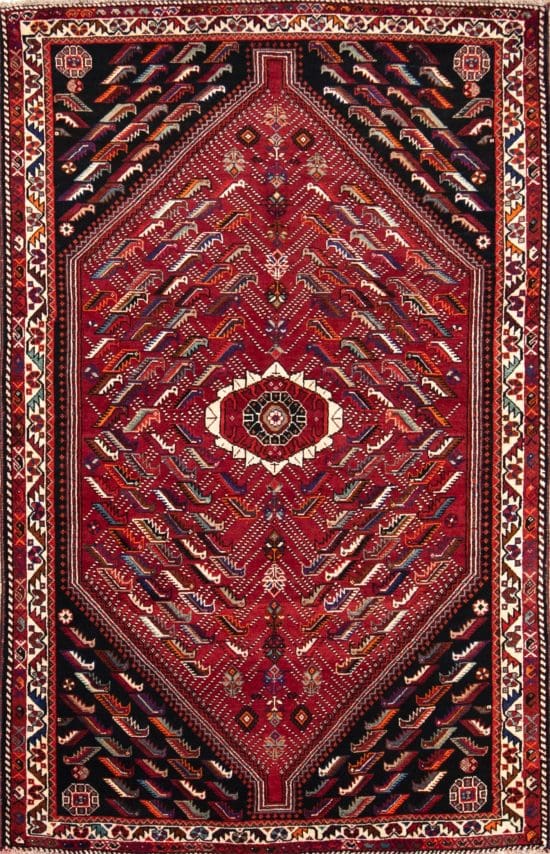 Handmade traditional area rug, Persian Shiraz wool area rug in red color. Size 4.7x6.7.