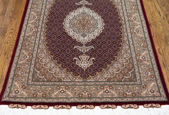 Small throw rug , handmade Persian Tabriz wool and silk rug in red color. Size 3.4x5.5.