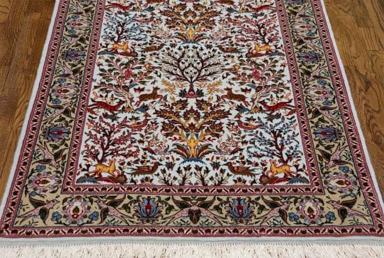 Handmade Persian Tabriz rug, bedside rug in light blue color with birds and animals. size 3.5x5.3.