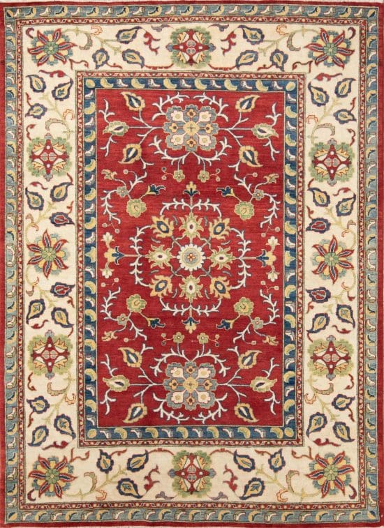 Traditional area rugs. handmade floral Russian design rug made of wool in red color. Size 6.3x8.6.