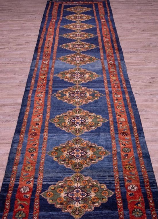 Beautiful Persian Gabbeh runner, vegetable dye in navy blue and rust color. Size 3x15.10.