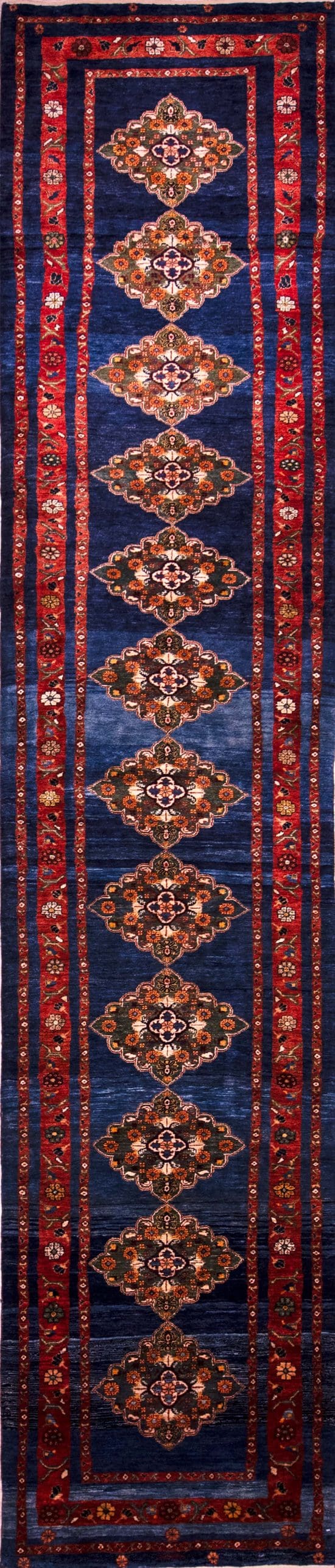 Beautiful Persian Gabbeh runner, vegetable dye in navy blue and rust color. Size 3x15.10.