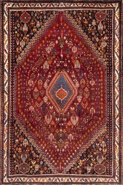 Persian style rugs, handmade geometric Persian Shiraz wool rug in red color. Size 5.5x8.