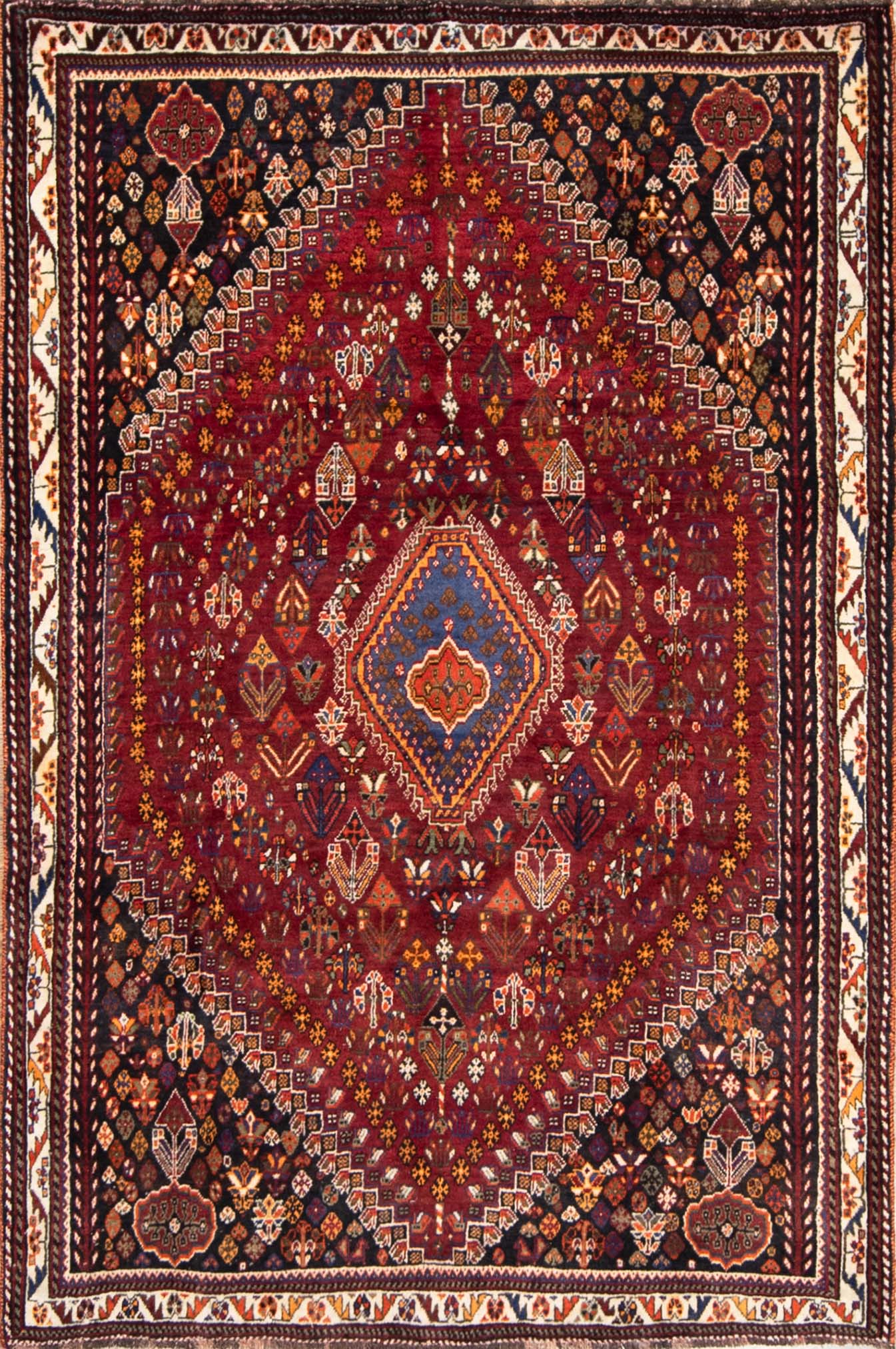 Persian style rugs, handmade geometric Persian Shiraz wool rug in red color. Size 5.5x8.