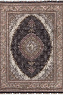 Handmade Persian Tabriz wool and silk area rug in black and green colors. Size 5.3x7.