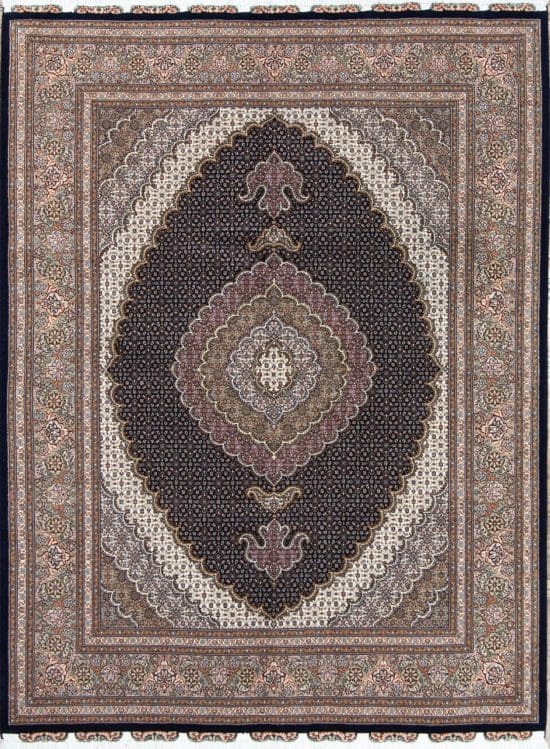 Handmade Persian Tabriz wool and silk area rug in black and green colors. Size 5.3x7.