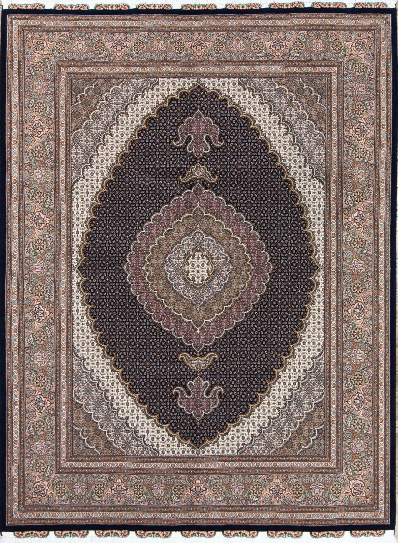Handmade Persian Tabriz wool and silk area rug in black and green colors. Size 5.3x7.