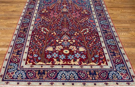 Area rug 5x8, handmade Persian Yazd vintage area rug with tree of life design in red and blue colors. Size 5x8.6.