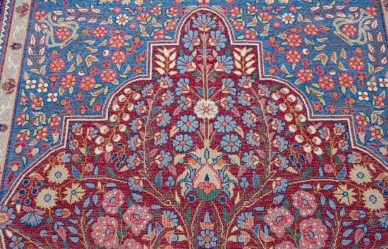 Area rug 5x8, handmade Persian Yazd vintage area rug with tree of life design in red and blue colors. Size 5x8.6.