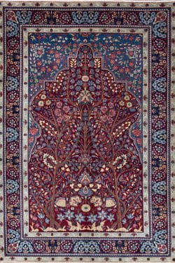 Area rug 5x8, handmade Persian Yazd vintage area rug with tree of life design in red and blue colors. Size 5x8.6.