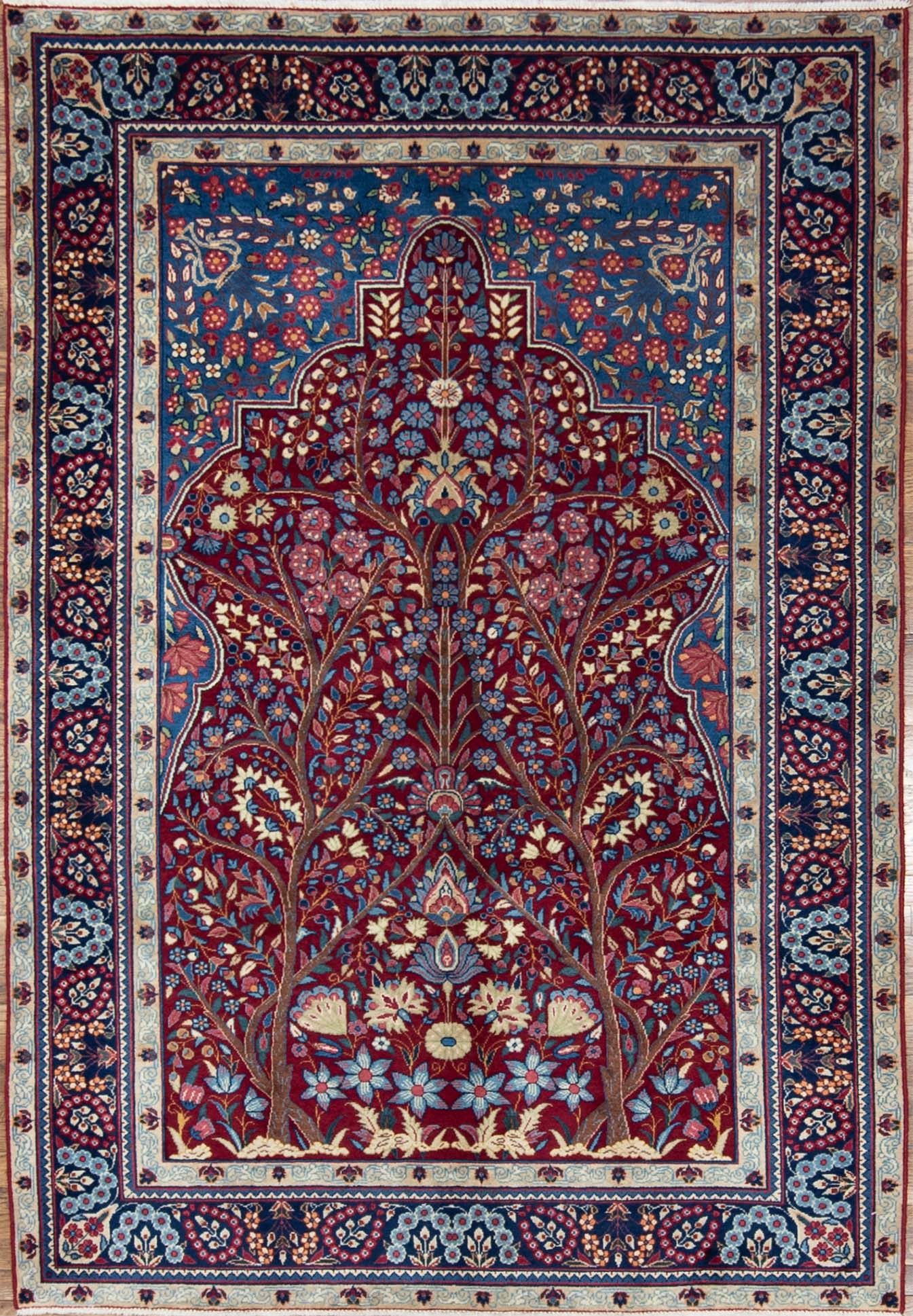 Area rug 5x8, handmade Persian Yazd vintage area rug with tree of life design in red and blue colors. Size 5x8.6.