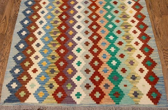 Hand-woven wool kilim runner rug made in Pakistan, beige and multicolor. Size 3.6x6.3.