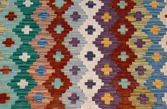 Hand-woven wool kilim runner rug made in Pakistan, beige and multicolor. Size 3.6x6.3.