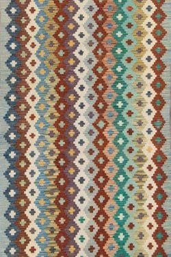 Hand-woven wool kilim runner rug made in Pakistan, beige and multicolor. Size 3.6x6.3.