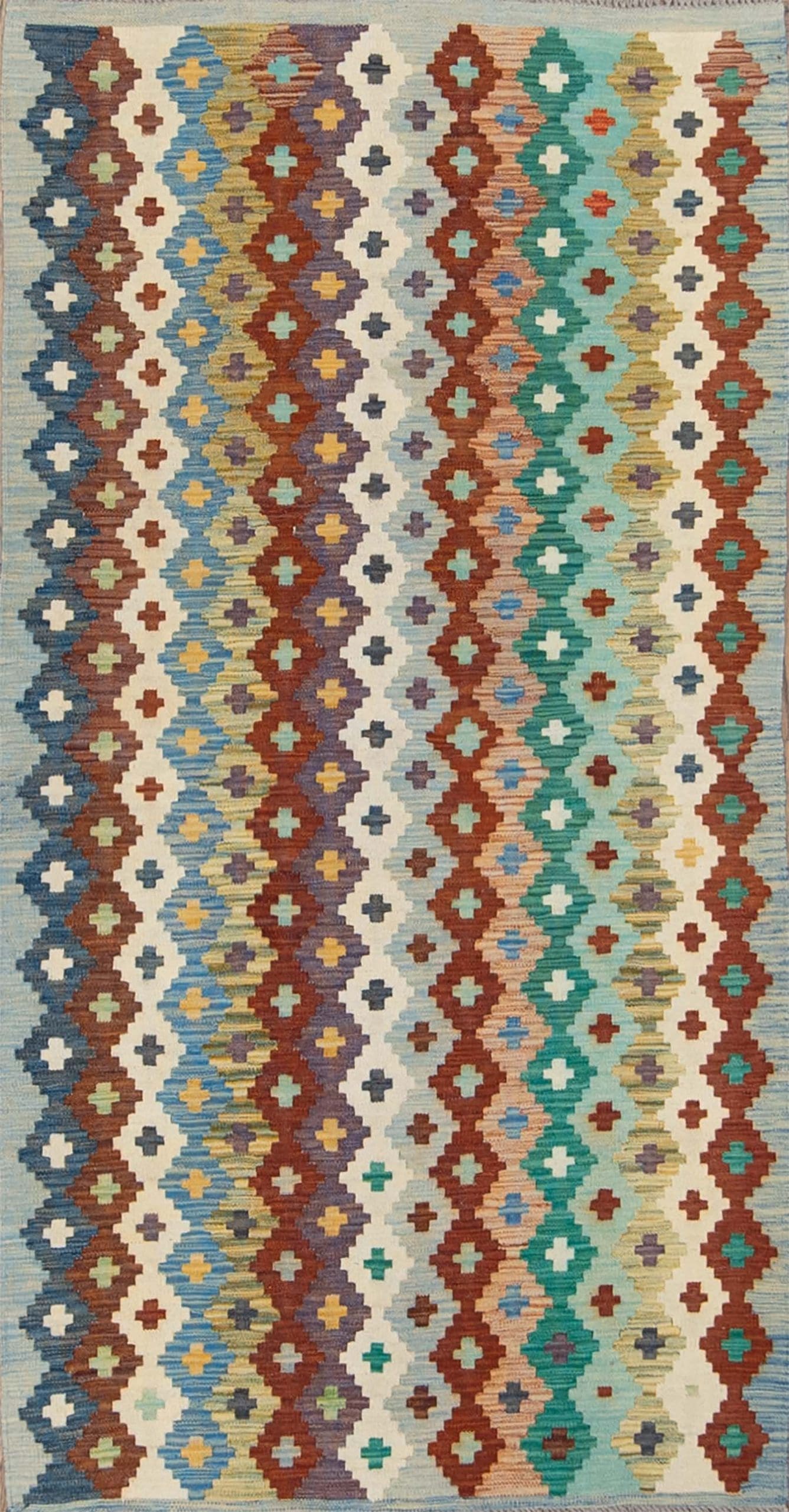 Hand-woven wool kilim runner rug made in Pakistan, beige and multicolor. Size 3.6x6.3.
