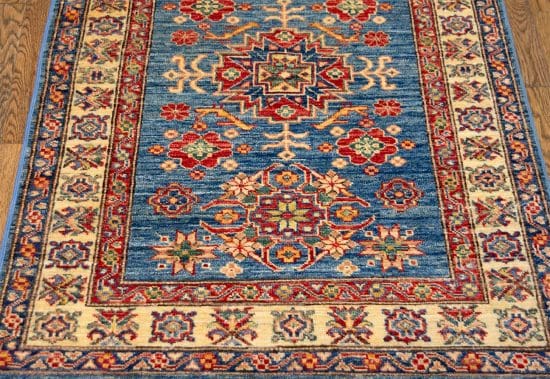 Blue oriental rug, hand woven Wool super Kazak quality oriental rug in geometric style. Size 3x4.6.