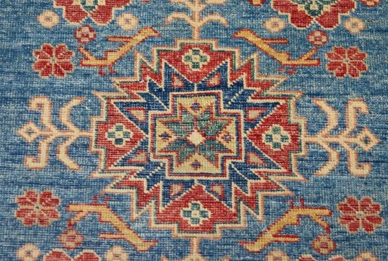 Blue oriental rug, hand woven Wool super Kazak quality oriental rug in geometric style. Size 3x4.6.