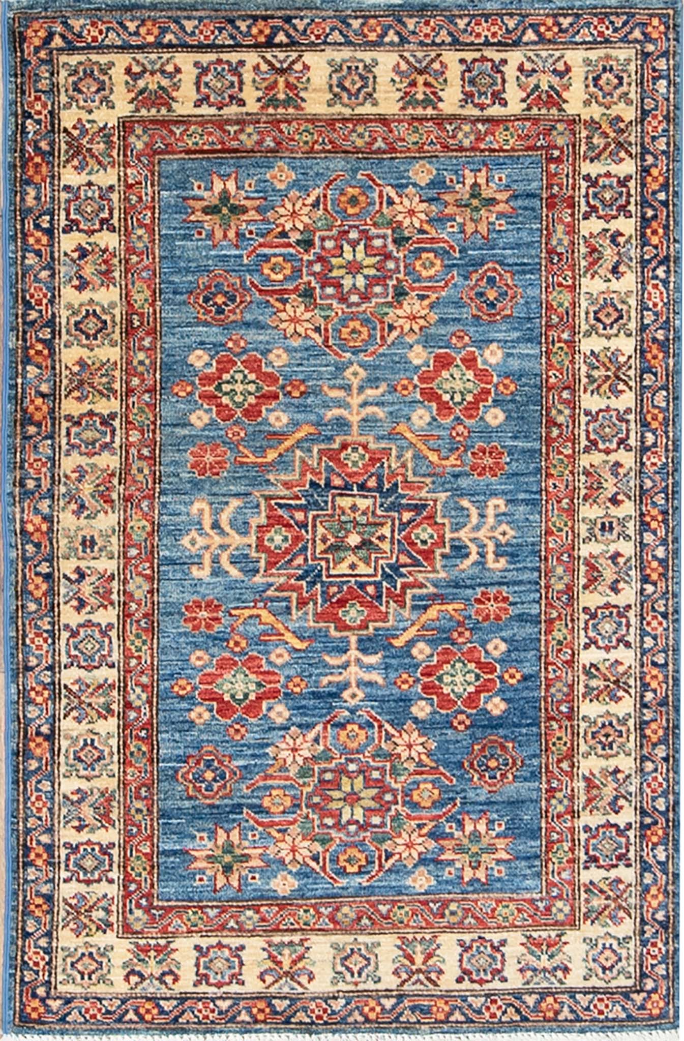 Blue oriental rug, hand woven Wool super Kazak quality oriental rug in geometric style. Size 3x4.6.