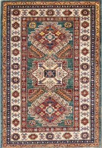 Handmade geometric style super Kazak wool rug in green color. Size 3x4.4.