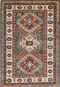 Handmade geometric style super Kazak wool rug in green color. Size 3x4.4.