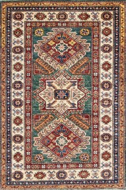 Handmade geometric style super Kazak wool rug in green color. Size 3x4.4.