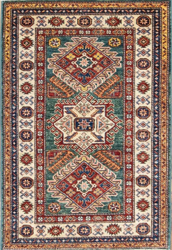 Handmade geometric style super Kazak wool rug in green color. Size 3x4.4.